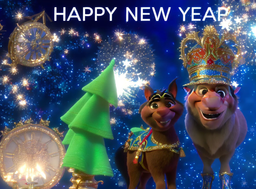 Animated reindeer with Christmas tree in fireworks background & "Happy New Year" text next to midnight clocks