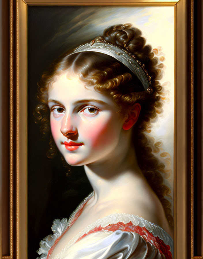 Traditional Oil Portrait of Young Woman with Curly Hair and Tiara