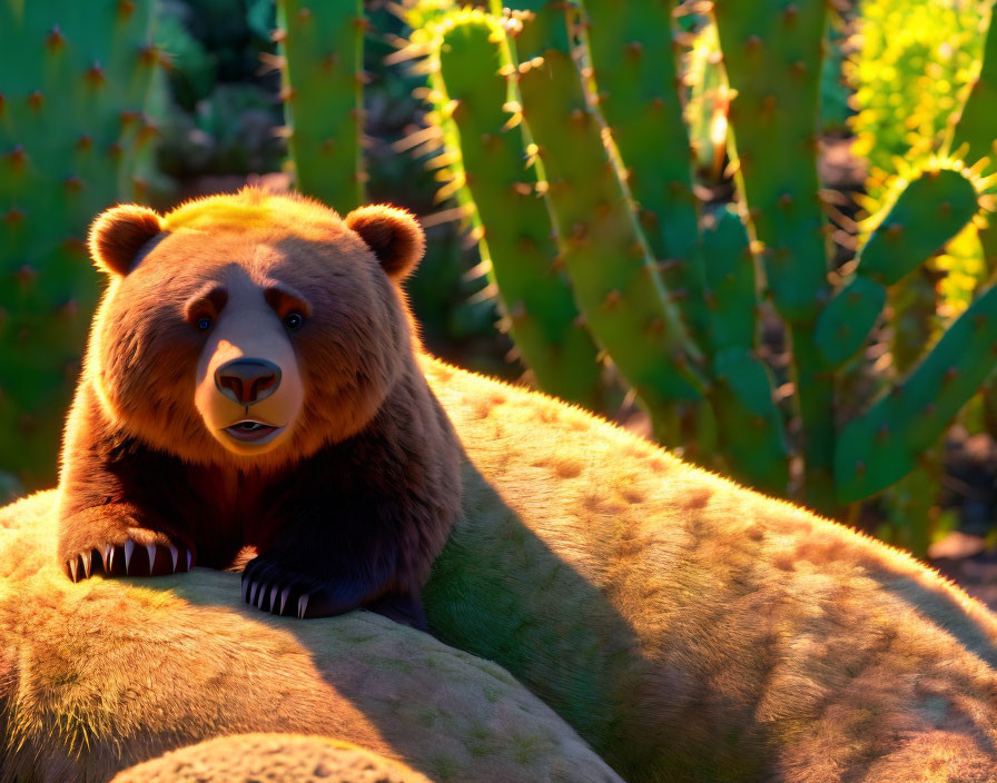 Surprised plush bear on green surface with cacti and sunlight