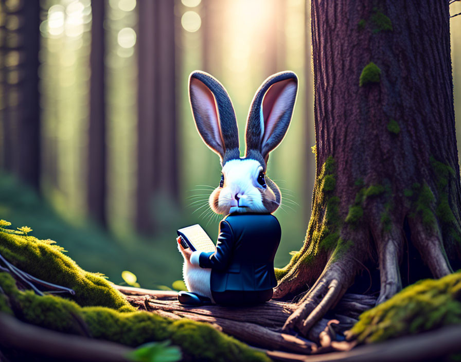 Anthropomorphic rabbit in suit with smartphone in forest setting