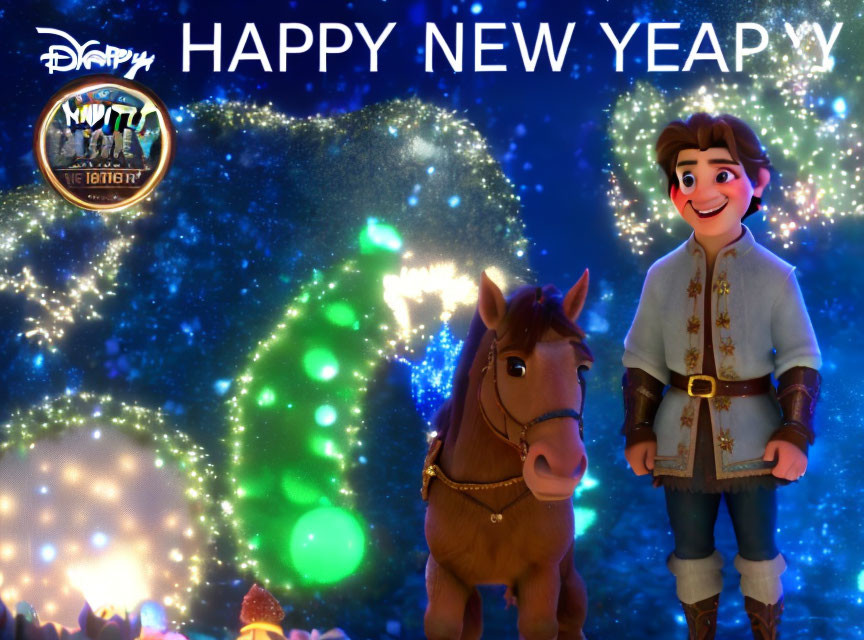 Animated character with horse and "Happy New Year" text and logo in corner