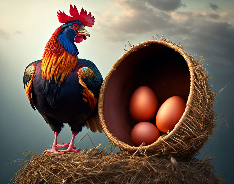 Colorful Rooster Next to Nest with Three Eggs Under Dramatic Sky