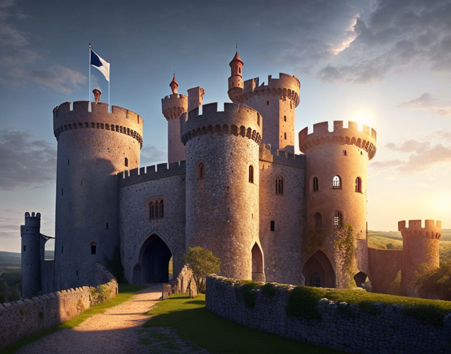 Medieval castle with towers and battlements under warm sunset sky