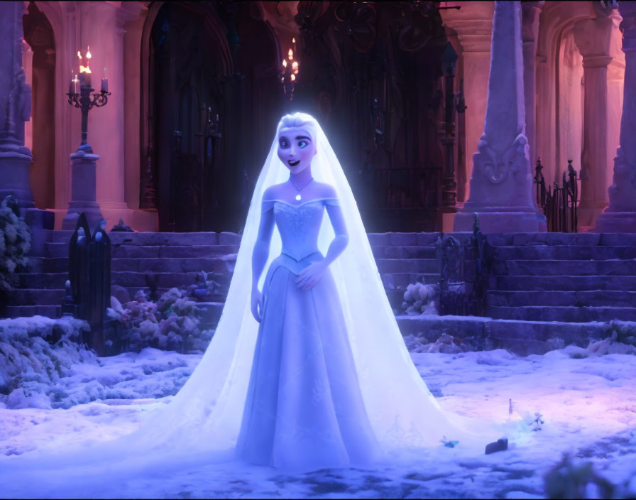 Elegant animated character in white gown in snowy scene with purple lighting