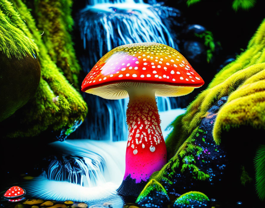 Colorful fantasy scene: Red mushroom, white spots, green moss, flowing stream