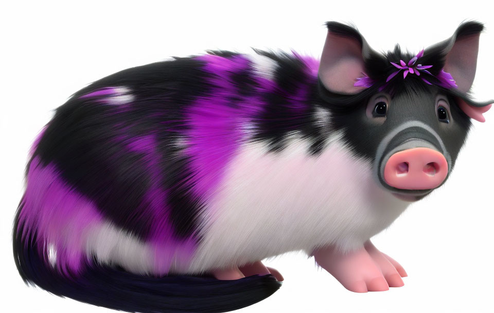 Stylized pig illustration with purple and black spots and flower decoration