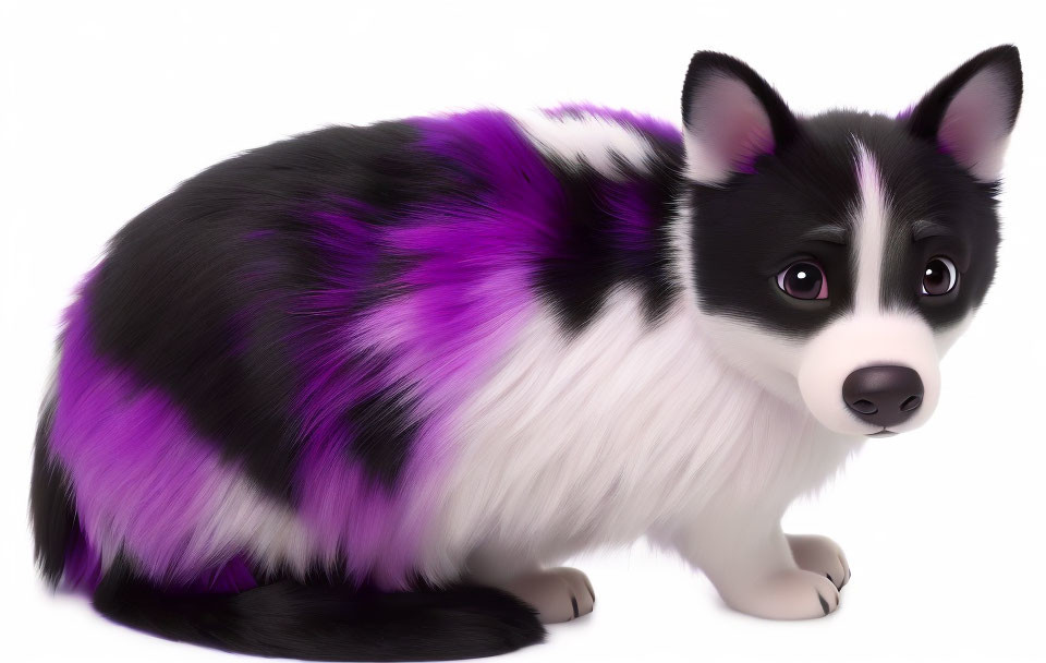 Digital artwork of black and white corgi dog with vibrant purple patches