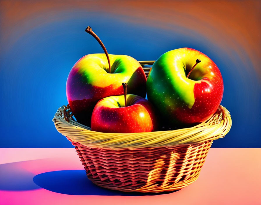 Colorful basket with four apples on gradient surface.