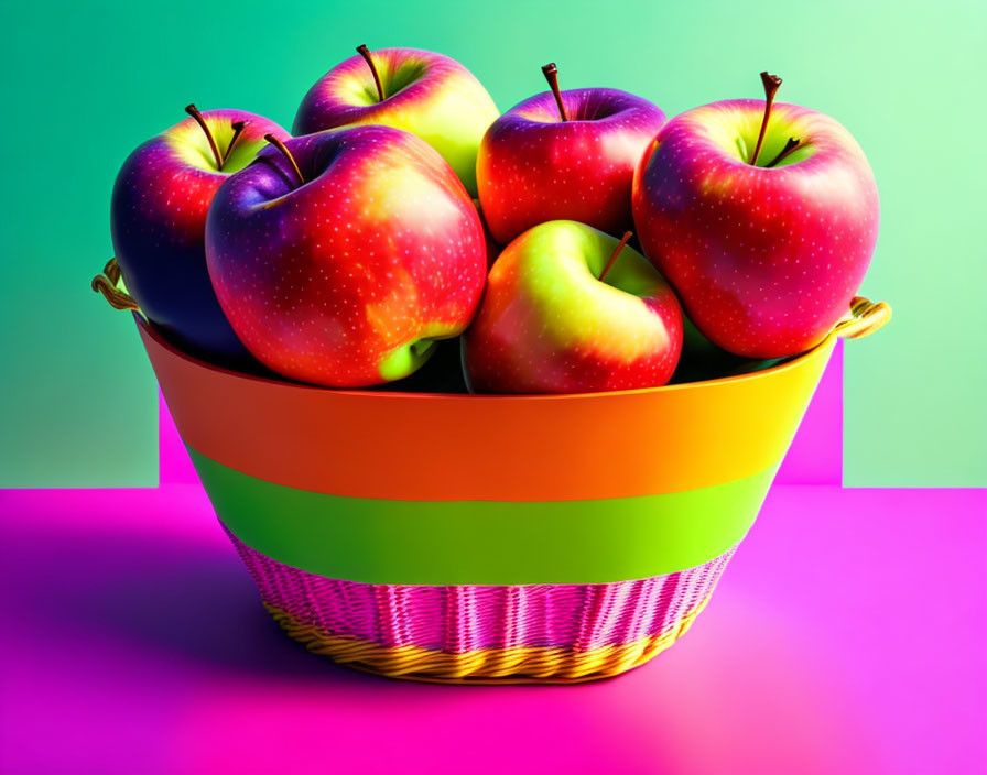 Colorful Bowl with Red and Yellow Apples on Pink and Green Background