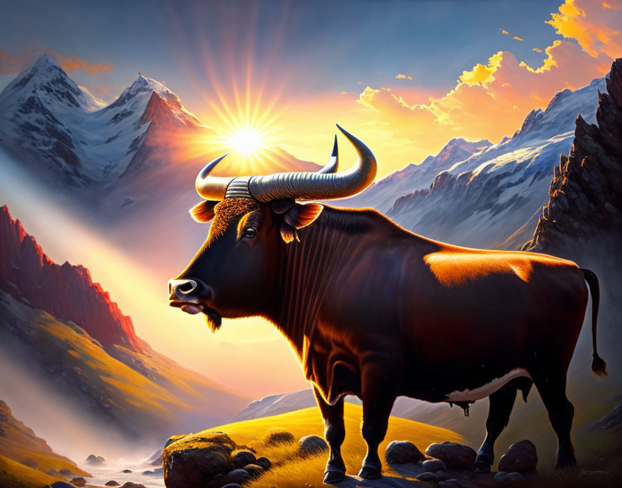 Majestic bull with curved horns against mountain vista and radiant sun halo