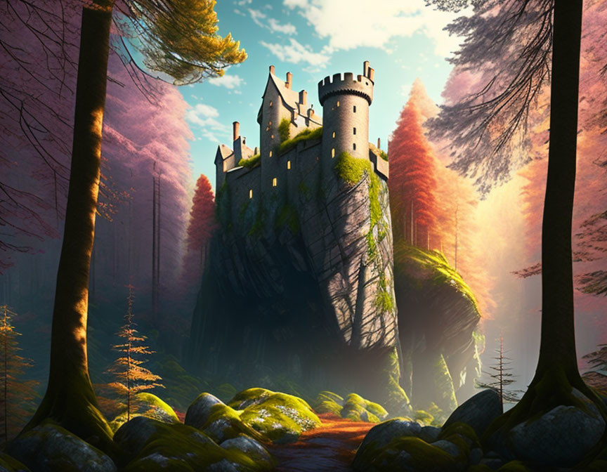 Majestic castle on rocky outcrop in mystical forest