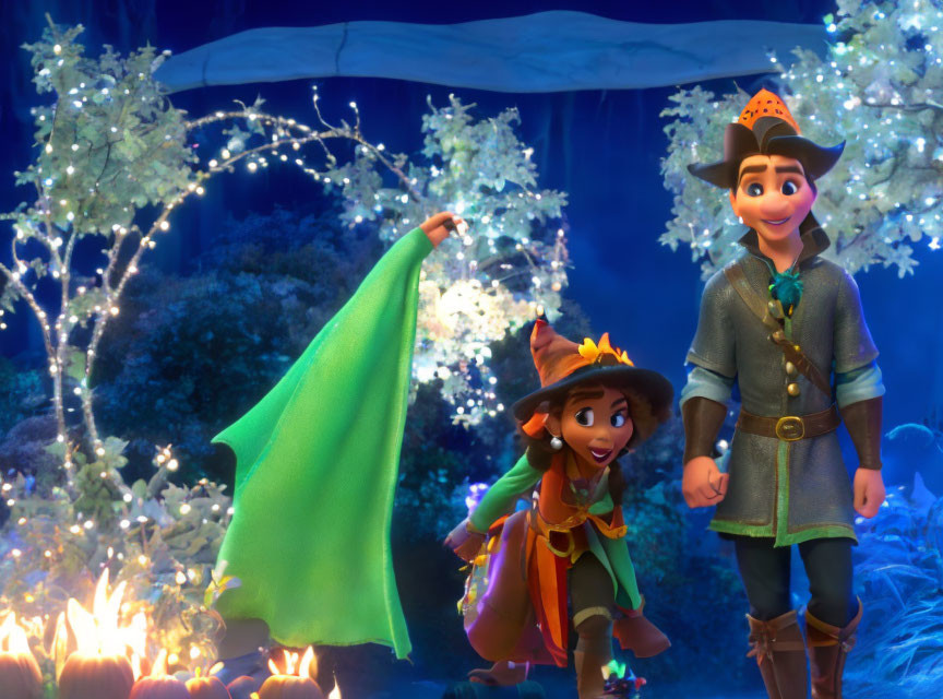 Boy and girl characters in magical forest with witch's hat and cape, smiling