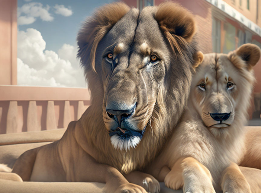 Serene lions resting in front of wooden fence under pastel sky