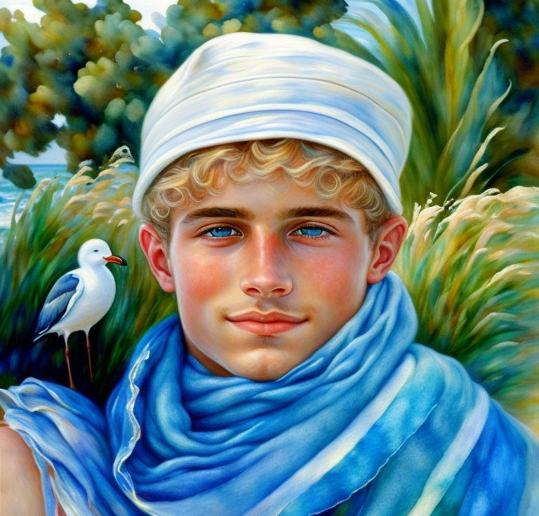 Portrait of young person with blonde curls in white head wrap and blue scarf, accompanied by white seag