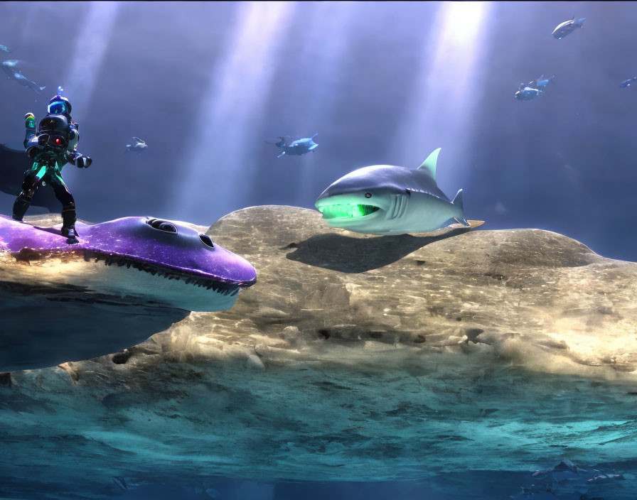 Underwater scene with scuba diver, purple stingray, shark, and fish