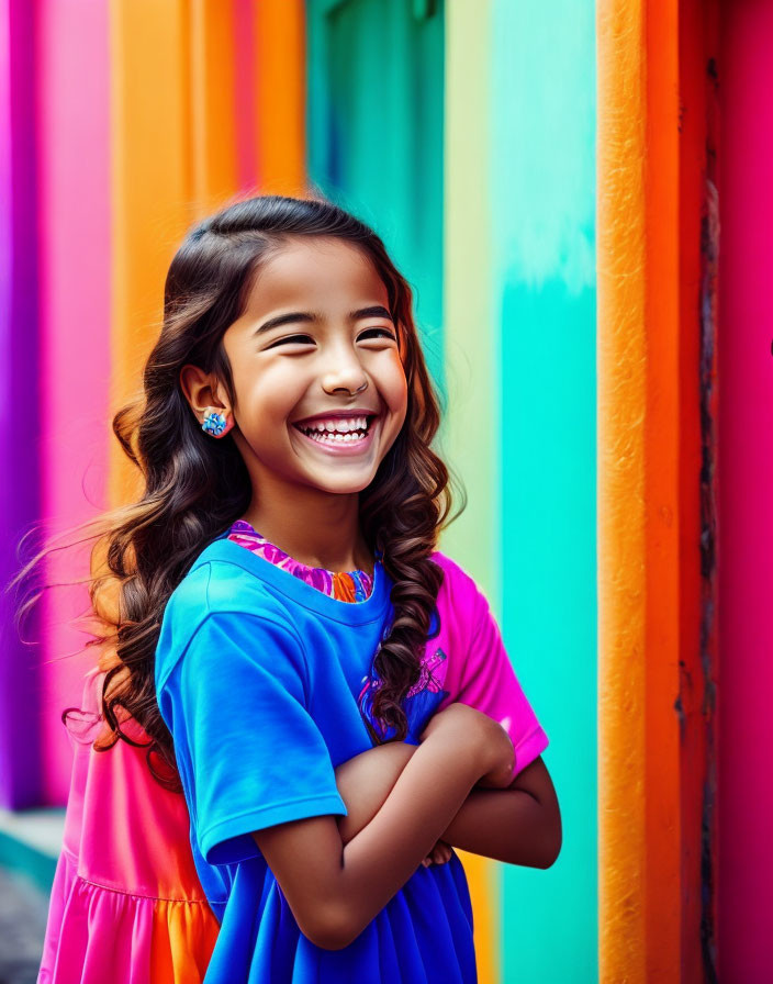 Young girl laughing in front of vibrant background wearing blue and pink dress