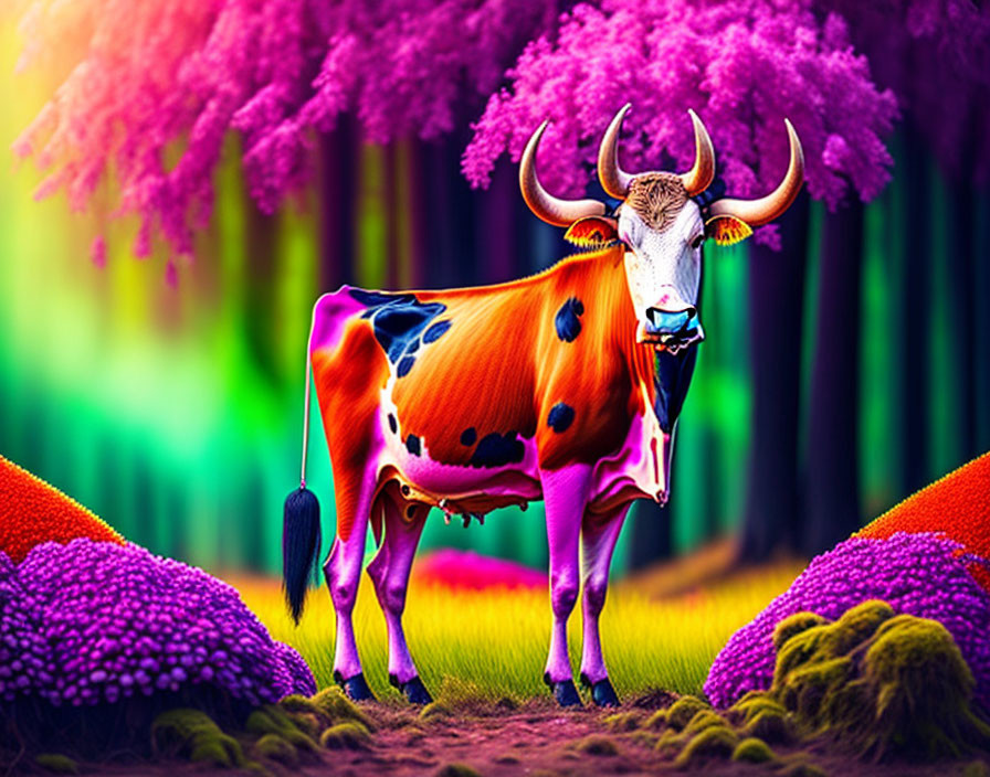 Colorful surreal cow with large horns in fantastical landscape