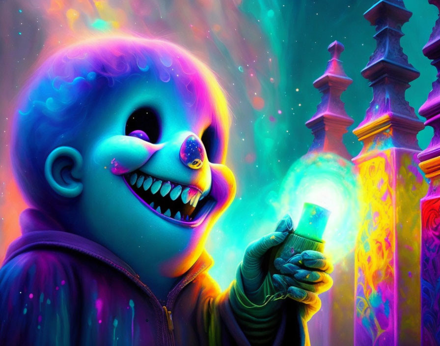 Colorful fantasy character holding glowing vial in neon-lit backdrop