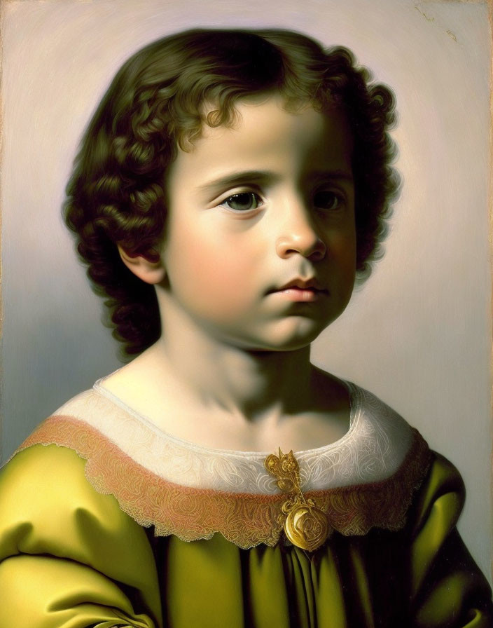 Portrait of a young child in yellow dress with curly hair