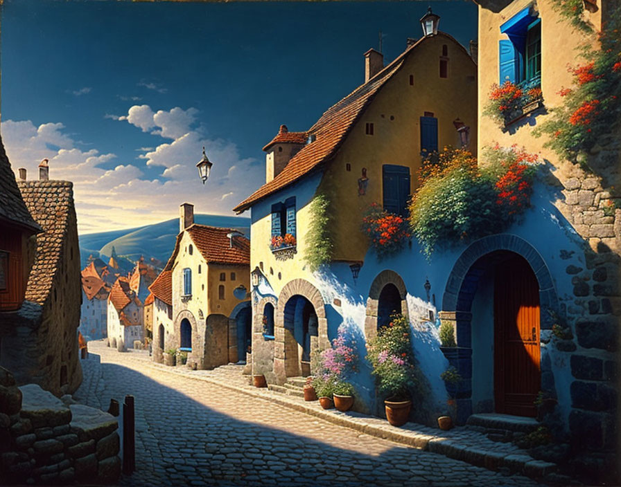 Charming cobblestone street with colorful flowers and old houses at golden hour