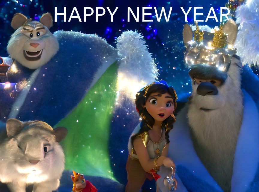 Festively dressed animated characters celebrating New Year with lights.