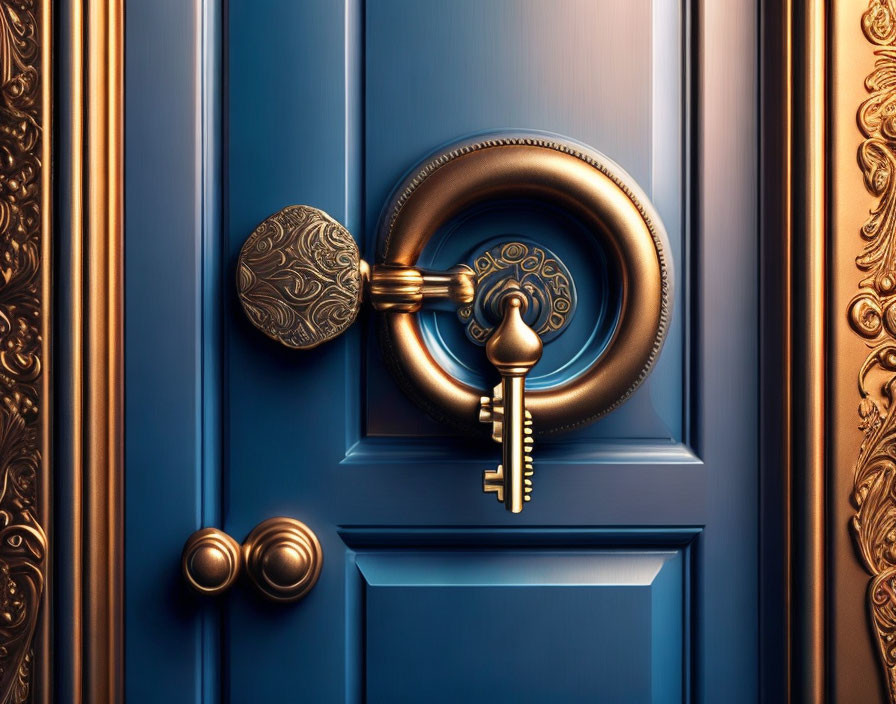 Golden doorknob with key in keyhole on blue wooden door