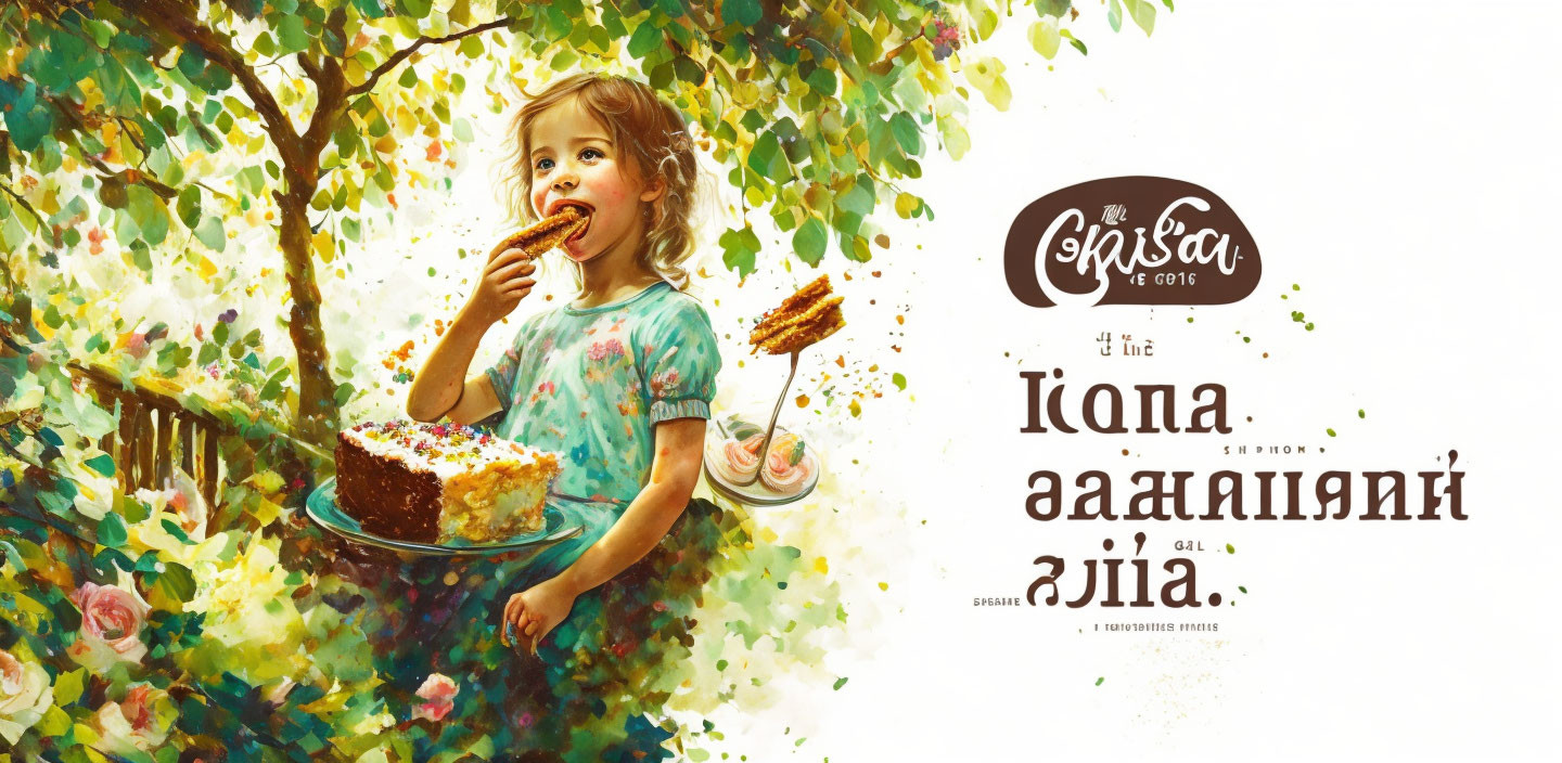 Child eating cake under sunlit tree at "Honey Fair" logo