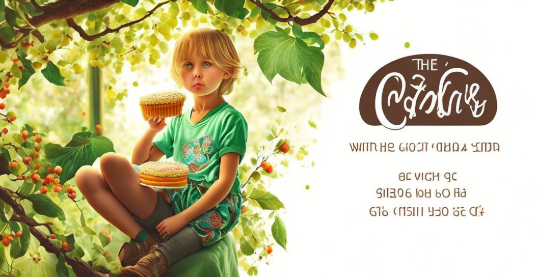 Child eating honey on tree branch under lush canopy with Cyrillic text logo.