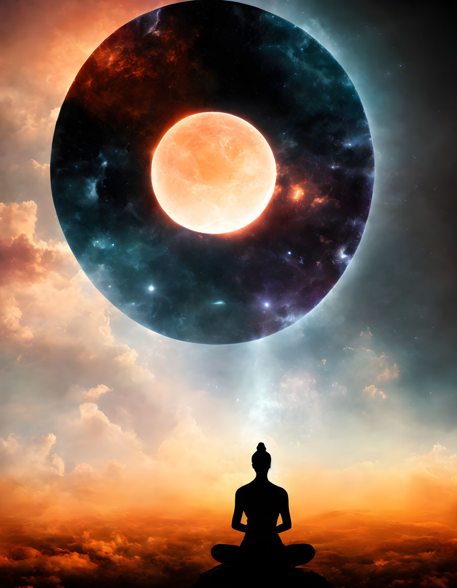 Person meditating under cosmic eclipse with radiant sun and dark moon.