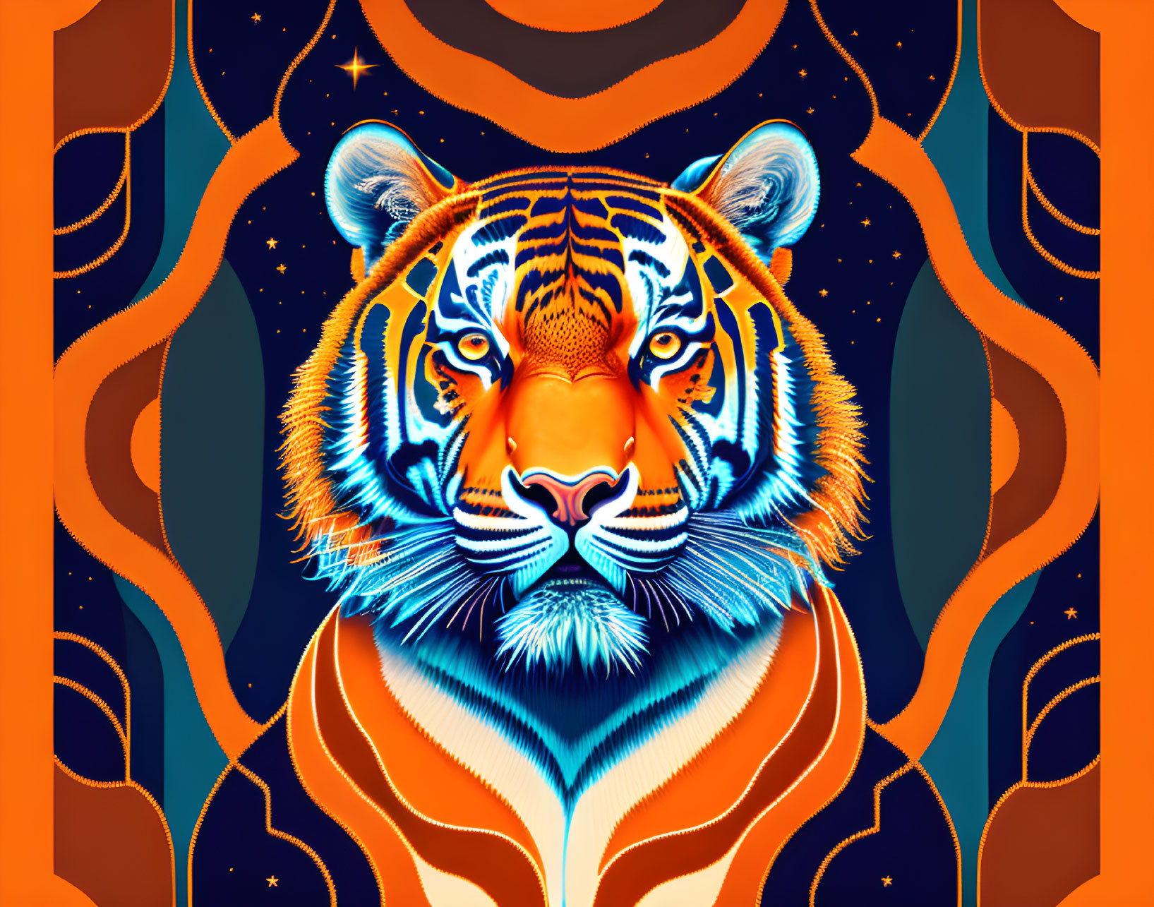 Symmetrical tiger digital art: vibrant cosmic patterns in orange, blue, and white