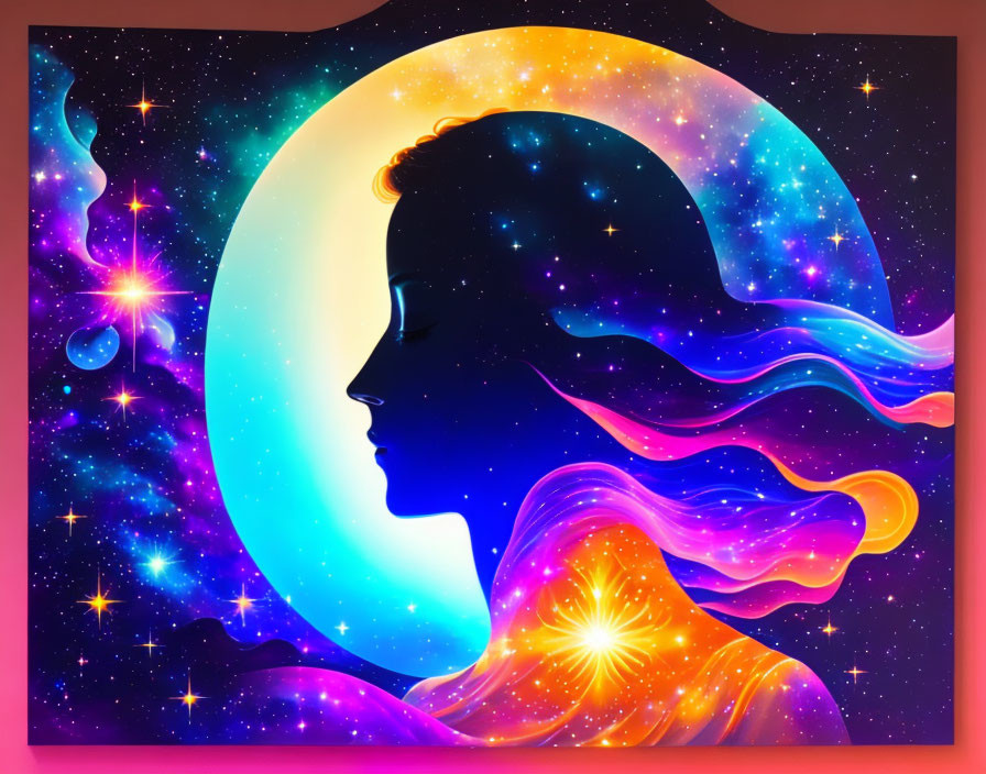 Cosmic silhouette of woman against moon and starry sky