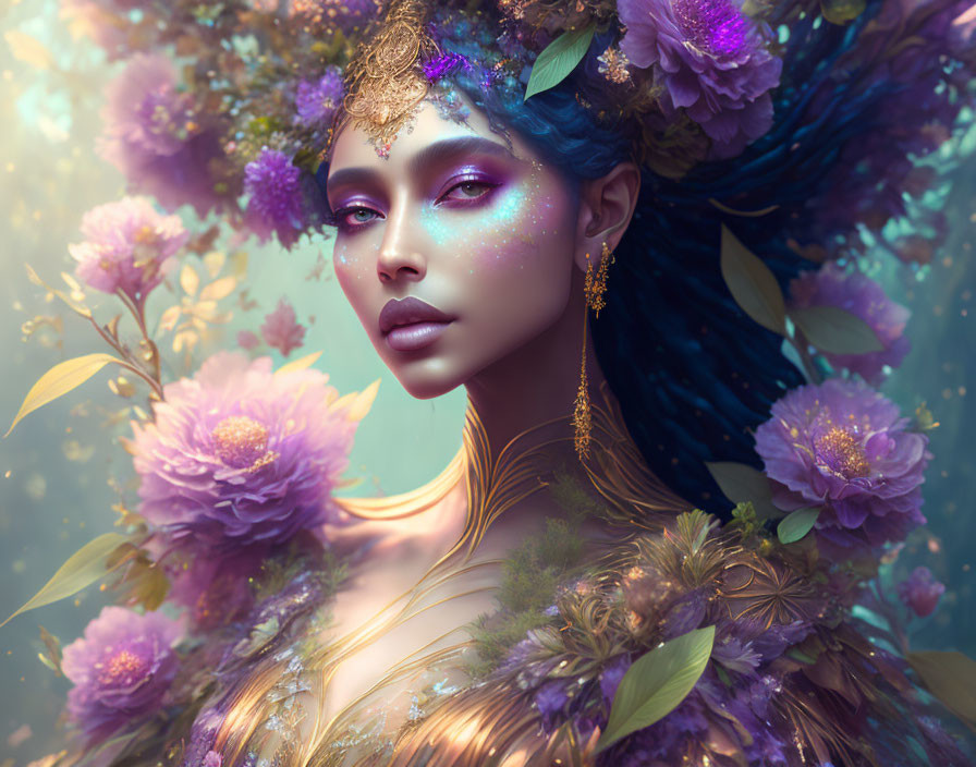 Fantastical portrait: Woman with blue skin, purple flowers, gold jewelry in misty backdrop