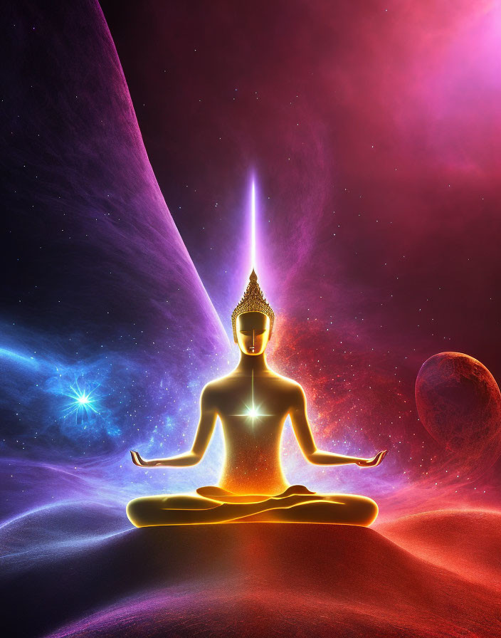 Meditating figure with radiant body and chakras in cosmic scene