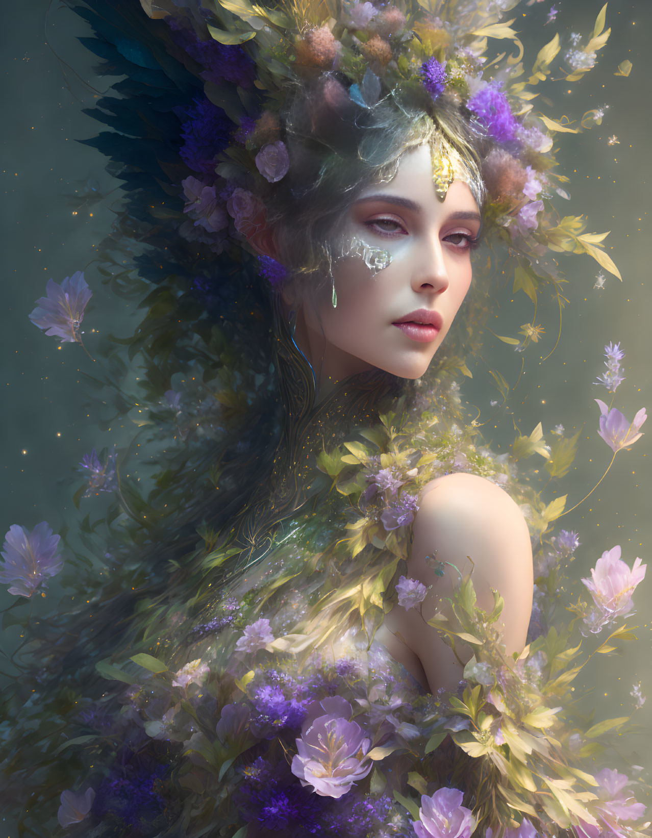 Ethereal female figure with floral headpiece and captivating eyes