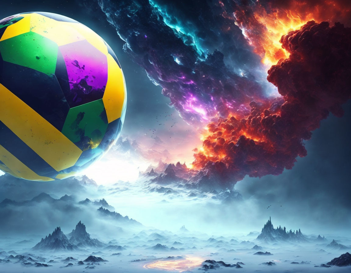 Colorful soccer ball over misty mountain landscape with fiery sky