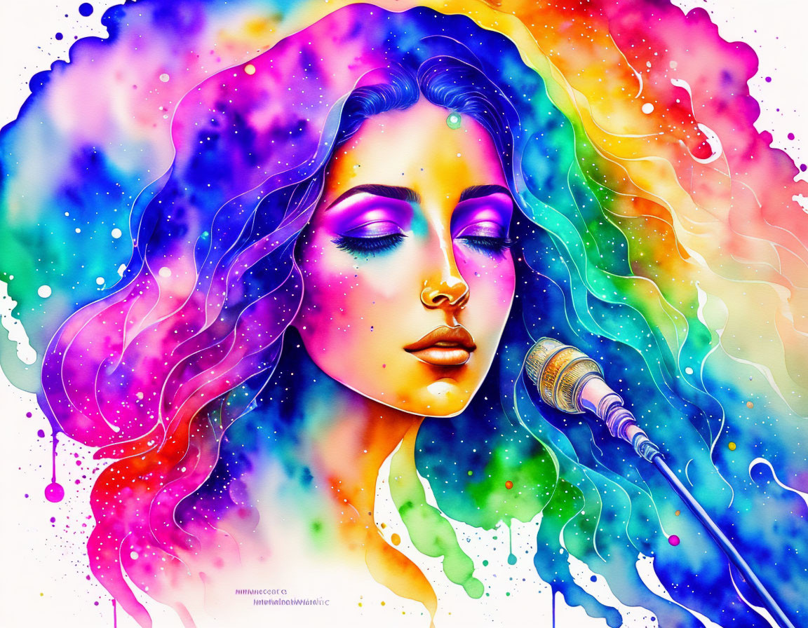 Colorful cosmic watercolor hair woman singing with neon makeup