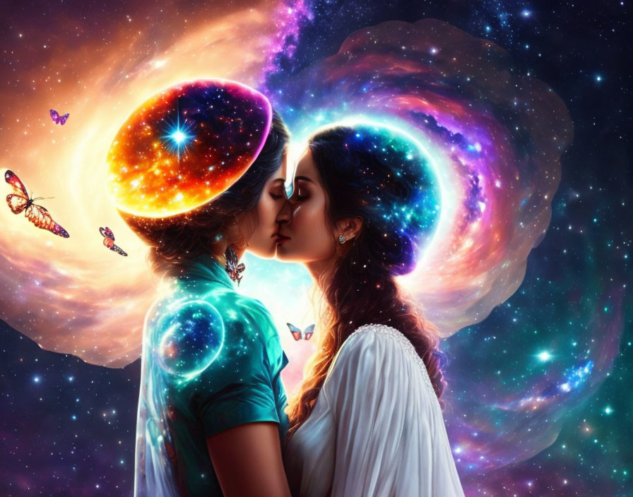 Romantic universe depicted with kissing couple and cosmic elements