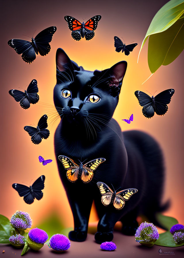 Black Cat with Yellow Eyes Surrounded by Colorful Butterflies on Orange Background