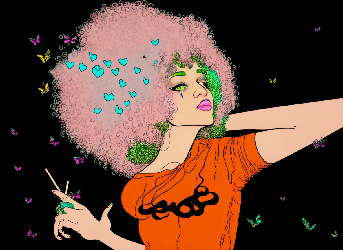 Vibrant illustration of woman with pink curly hair and butterflies.