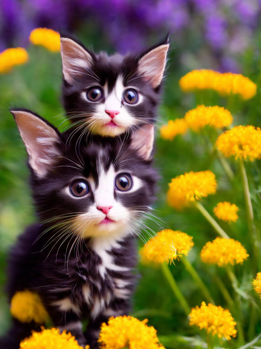 Black and White Kittens with Yellow Flowers and Purple Background