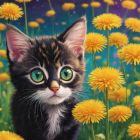 Black and White Kittens with Yellow Flowers and Purple Background