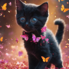 Black Cat with Yellow Eyes Surrounded by Colorful Butterflies on Orange Background