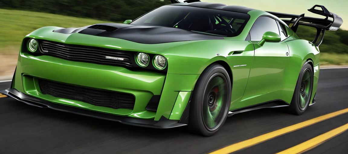 Bright Green Sports Car with Black Accents and Rear Spoiler on Road