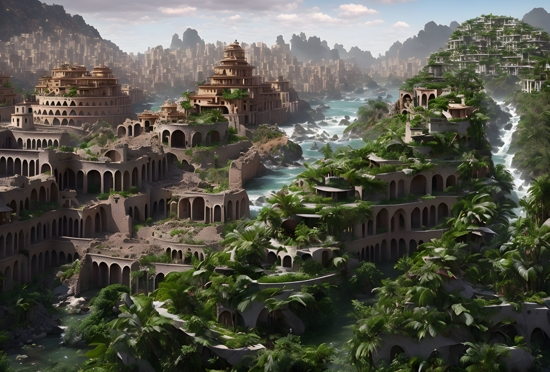 Ancient city with terraced buildings by river in rugged landscape