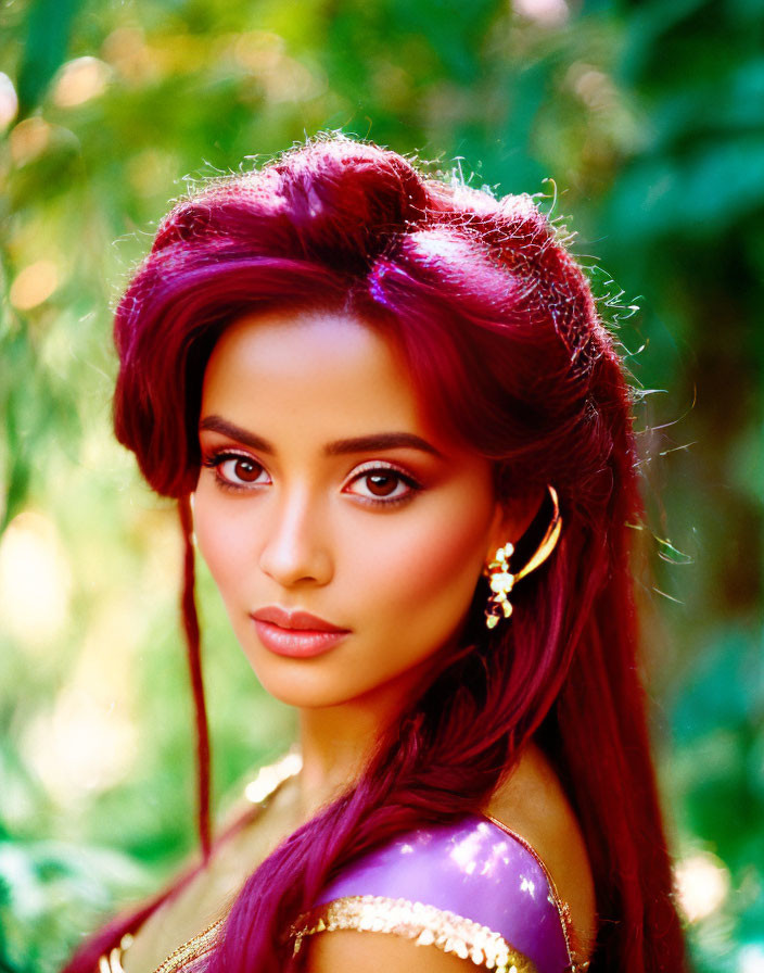 Vibrant Purple-Haired Woman in Gold Earrings and Purple Top