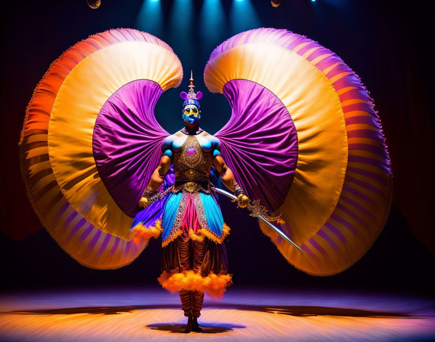 Elaborately costumed performer with large colorful wings on stage