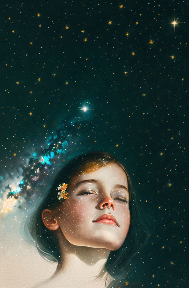 Illustration of girl with closed eyes and cosmic elements blending in hair