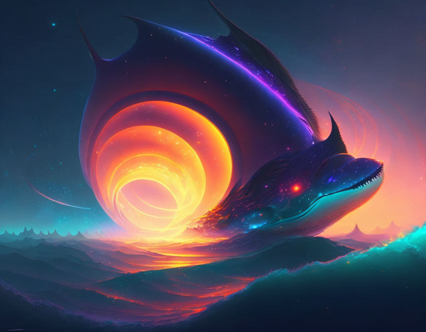 Digital Artwork: Colossal Fish Creature Soaring Over Neon Seascape