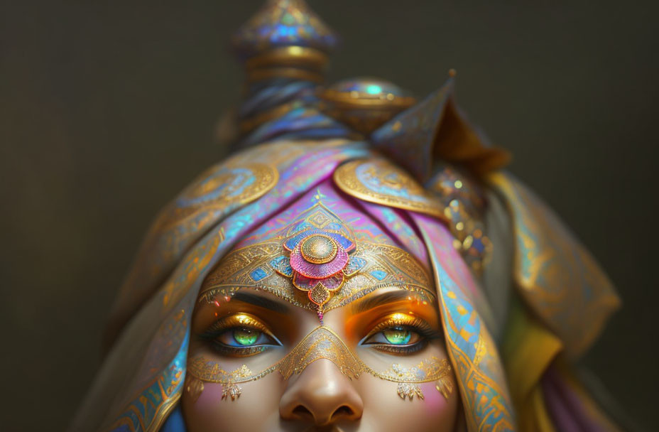 Ornate Decorated Figurine with Golden Patterns and Jewel Accents