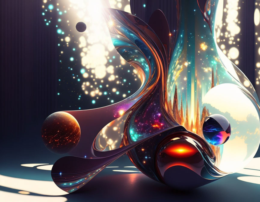 Colorful abstract digital art with flowing shapes and spheres on a cosmic backdrop